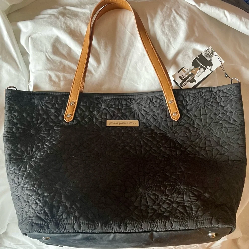 Petunia Pickle Bottom Black Quilted Diaper Bag and Changing Pad